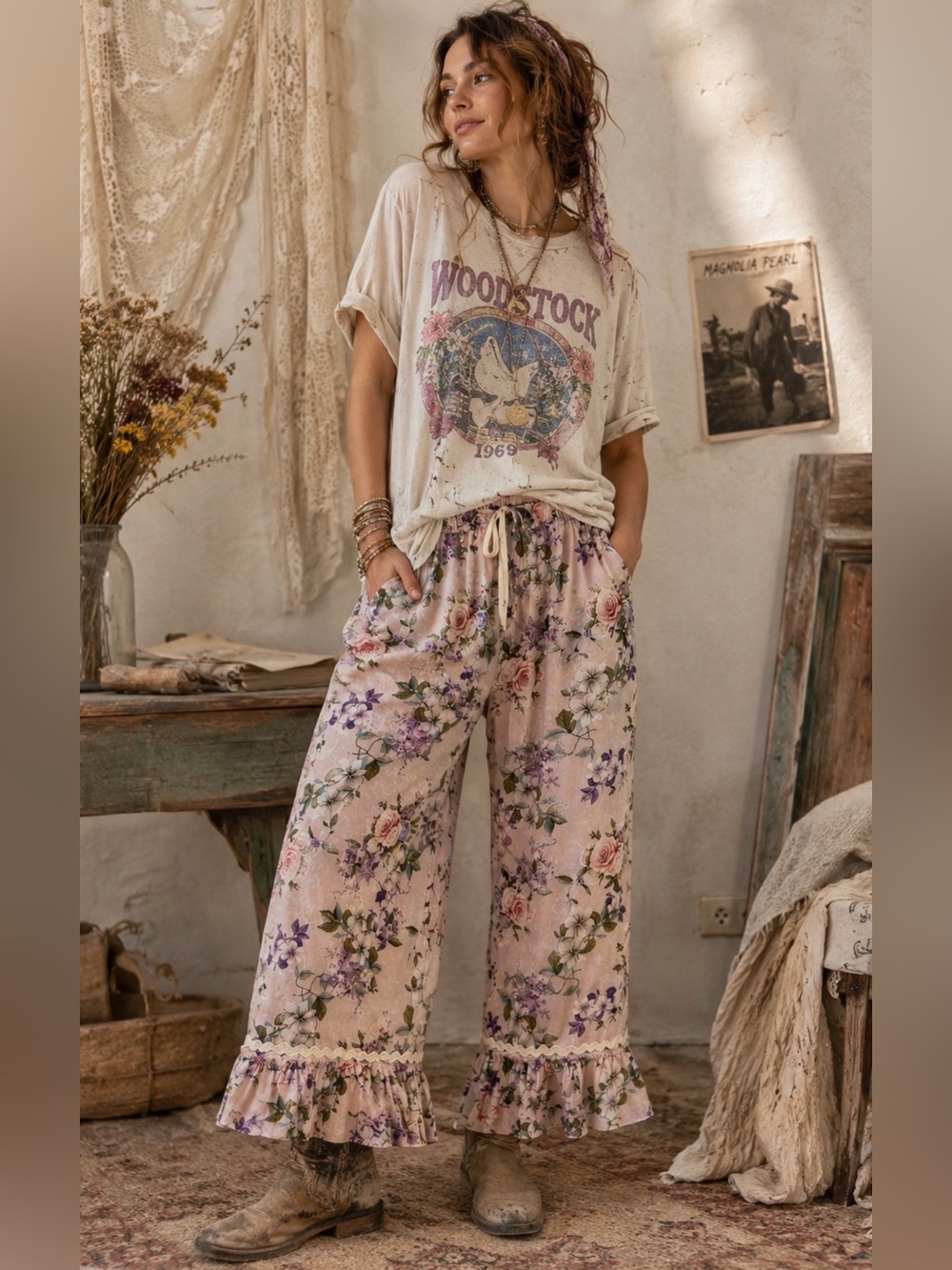 New‼️ BLUE VELVET 🌺 Pale Rose Floral Bottom Ruffle Bloomer Pants NWT Boho